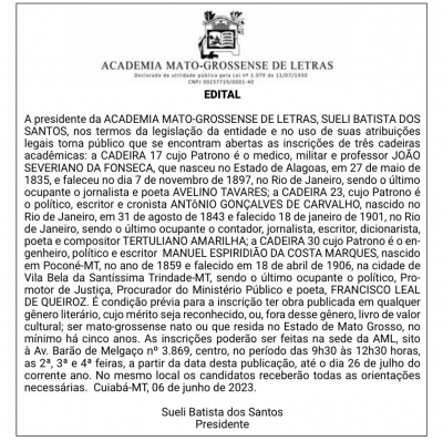 Edital - Aberta as inscrições para 3 Cadeiras